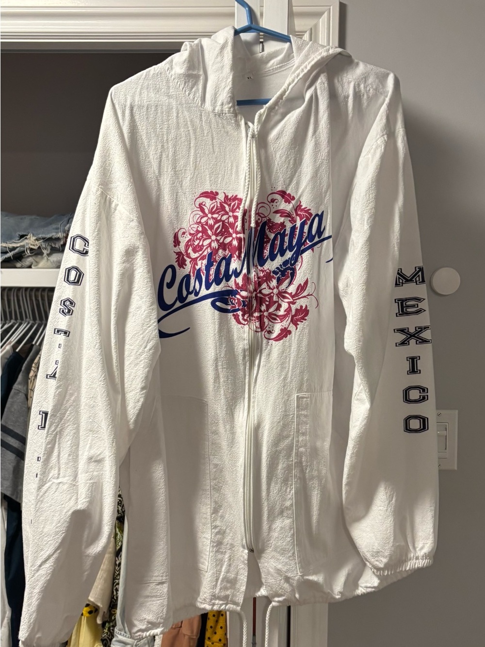 Costa Maya White Hooded Zip Jacket with Pink & Blue Floral Print